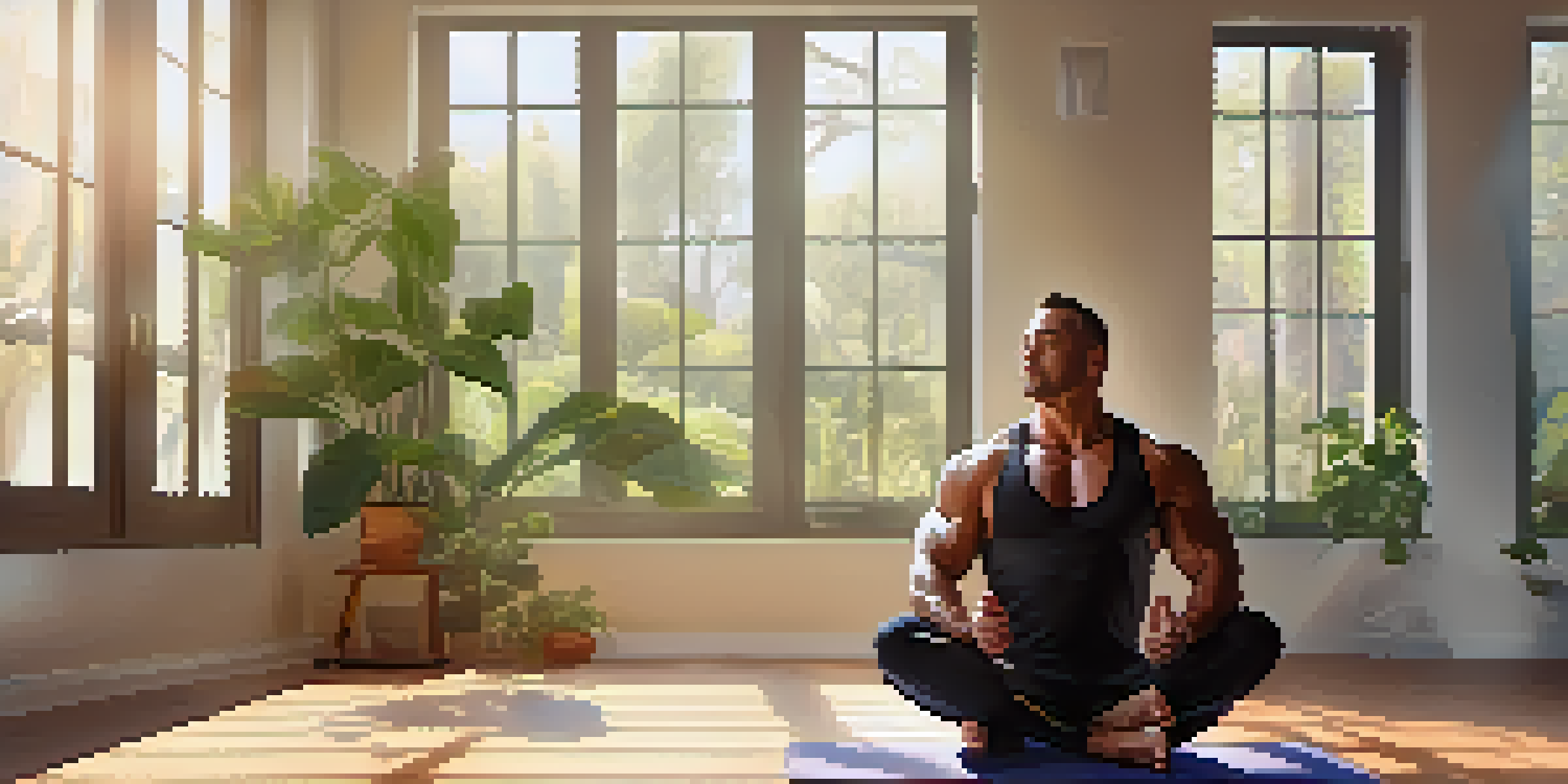 A bodybuilder in a peaceful indoor setting practicing deep breathing exercises on a yoga mat, surrounded by plants and soft sunlight.