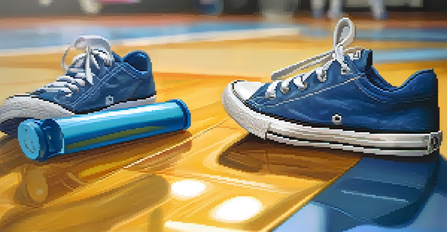 Close-up of sneakers tied tightly on a gym floor, with a stopwatch and water bottle, representing workout preparation.