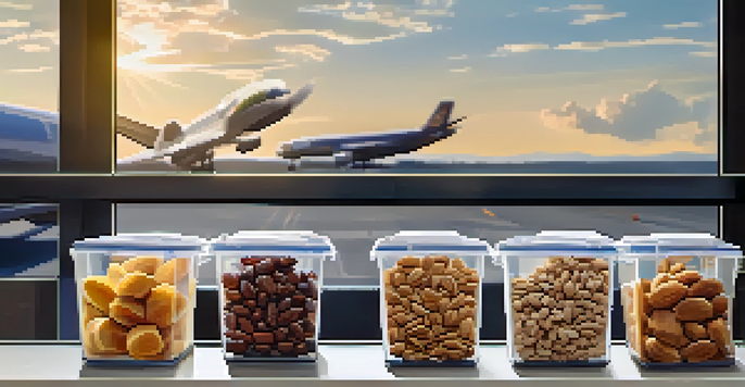 A travel snack station with healthy snacks like protein bars and nuts in an airport setting.