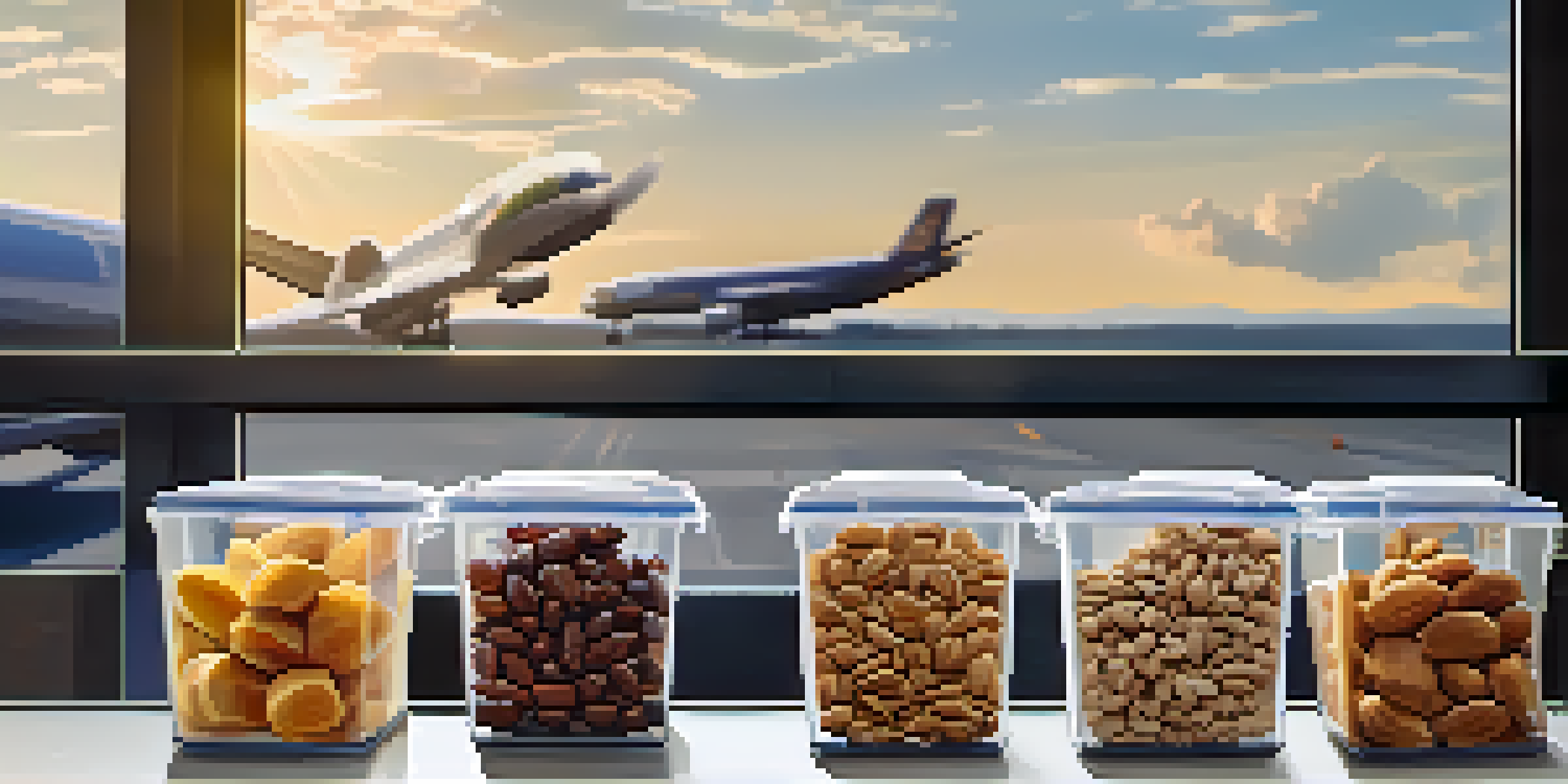 A travel snack station with healthy snacks like protein bars and nuts in an airport setting.