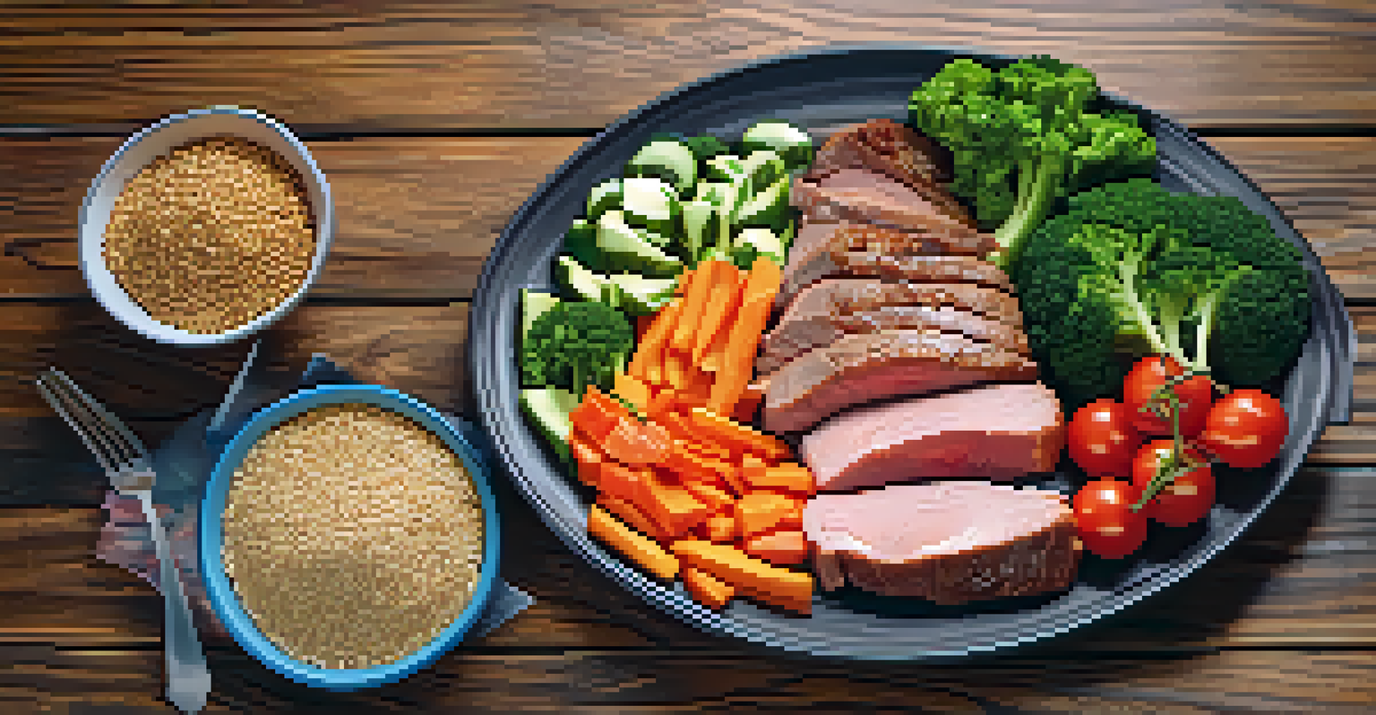 A colorful, healthy meal plate featuring lean meats, vegetables, and whole grains on a rustic table.