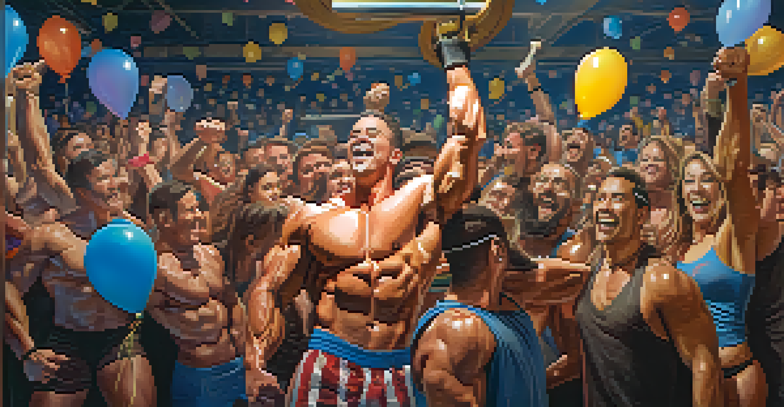 A group of friends celebrating a bodybuilder's achievement, with one person lifting a barbell and others cheering in a colorful, festive environment.