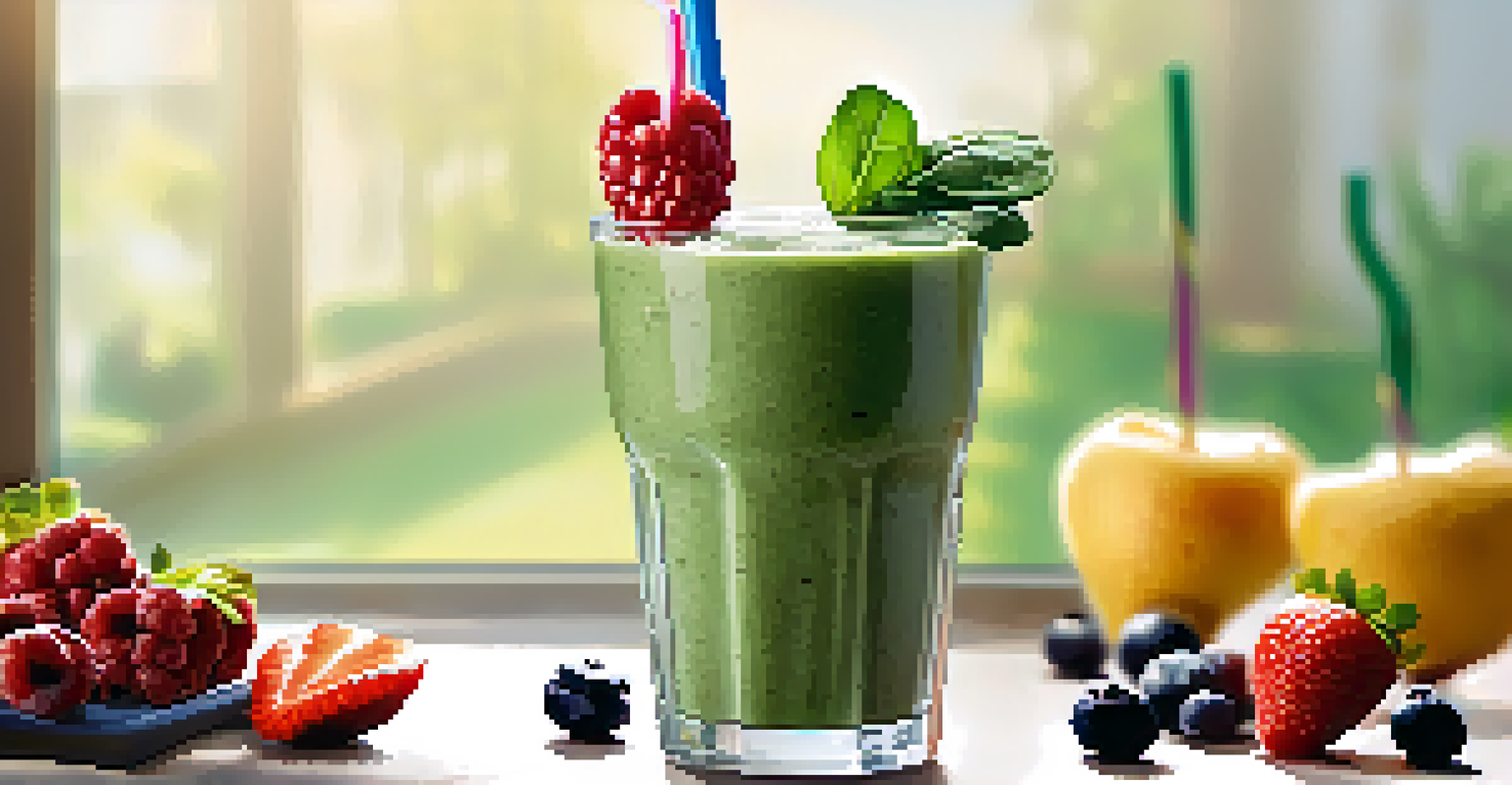A colorful smoothie in a glass with a straw, made of Greek yogurt, berries, and spinach in a bright kitchen.