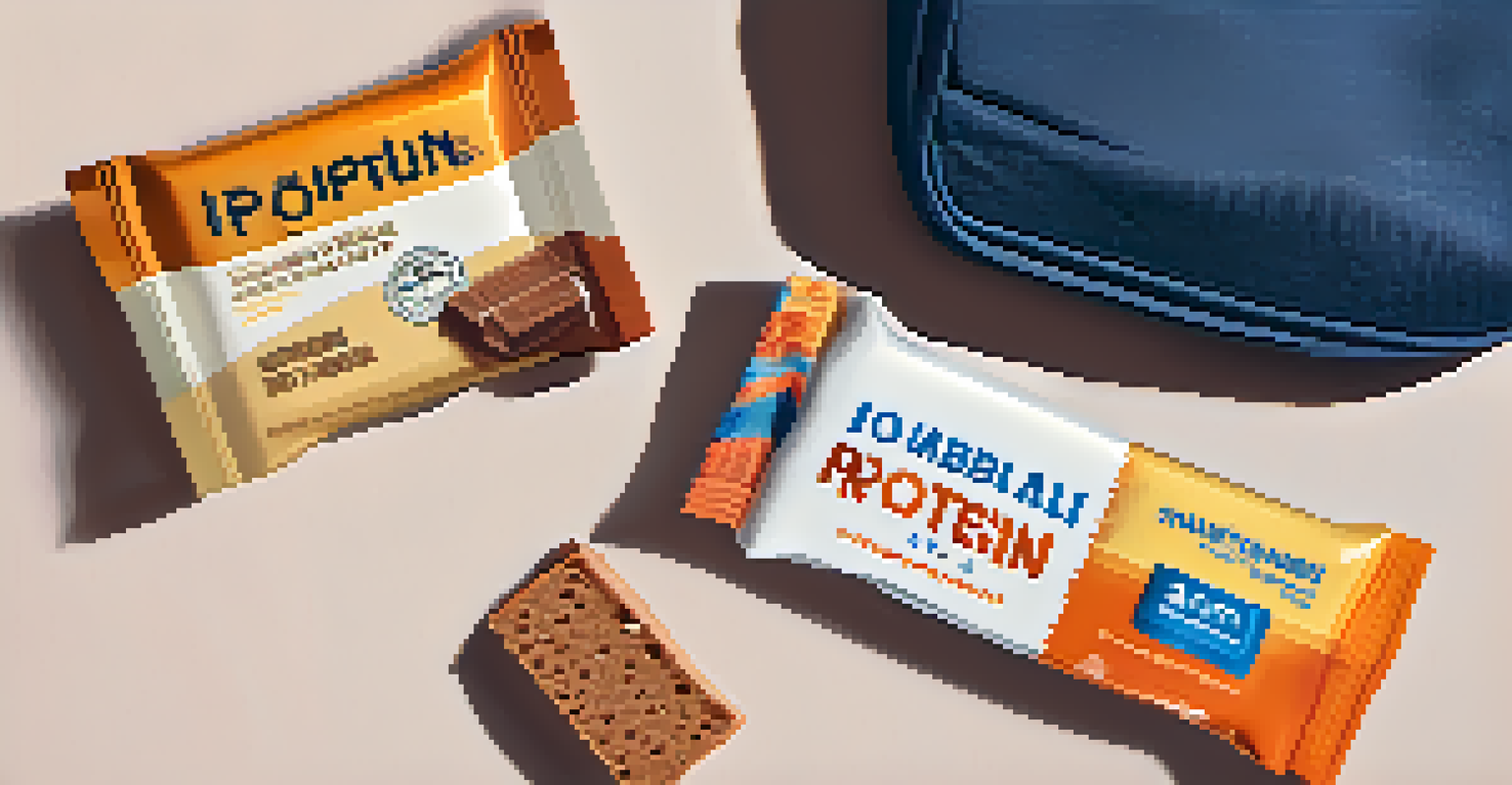 A close-up of a protein bar in front of a suitcase and gym bag.