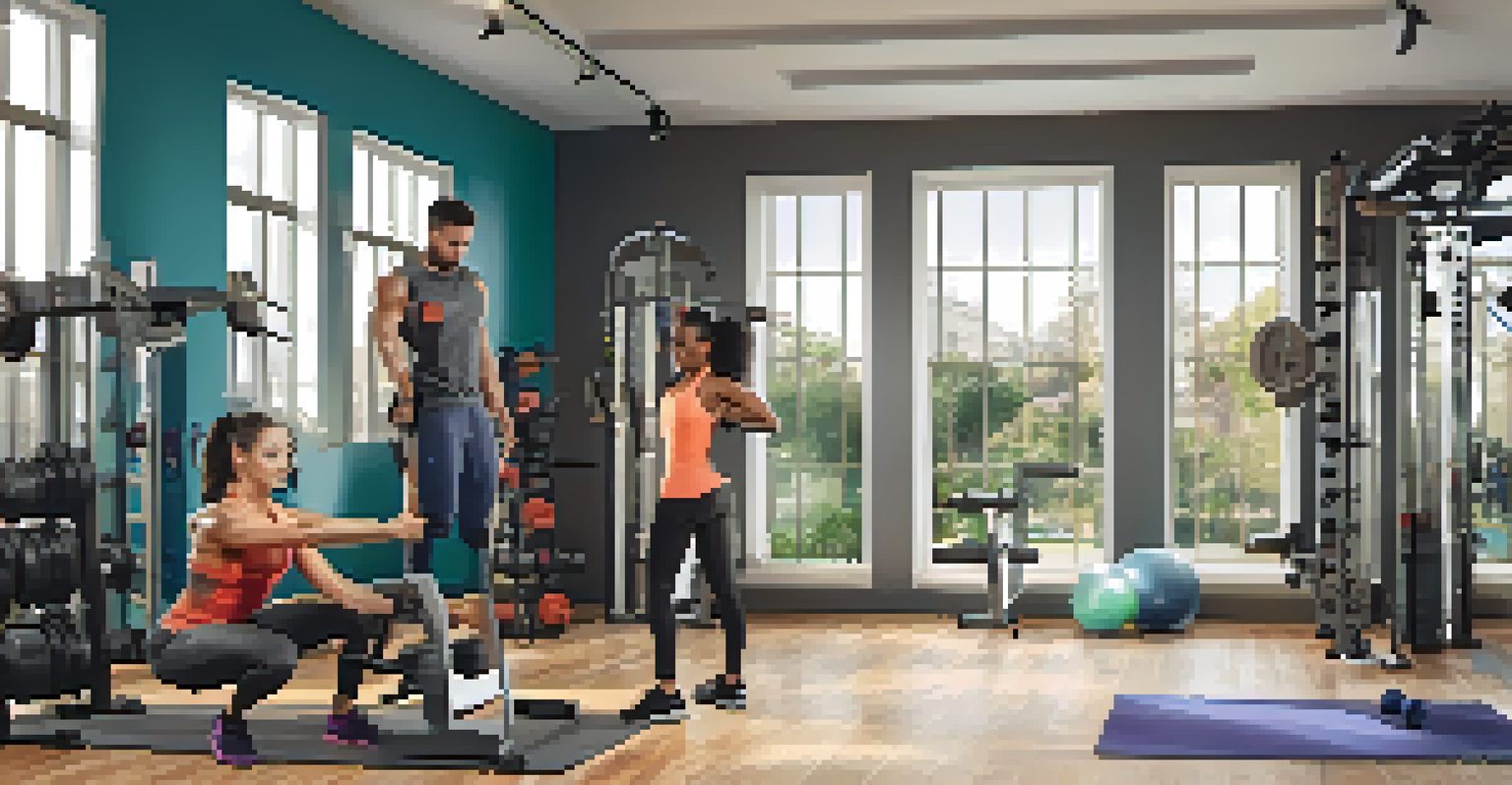 Three individuals of different body types exercising in a bright home gym, showcasing strength and determination.