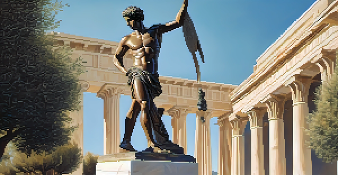 A marble statue of an ancient Greek athlete in a victorious pose, set in a serene landscape with olive trees and a blue sky.
