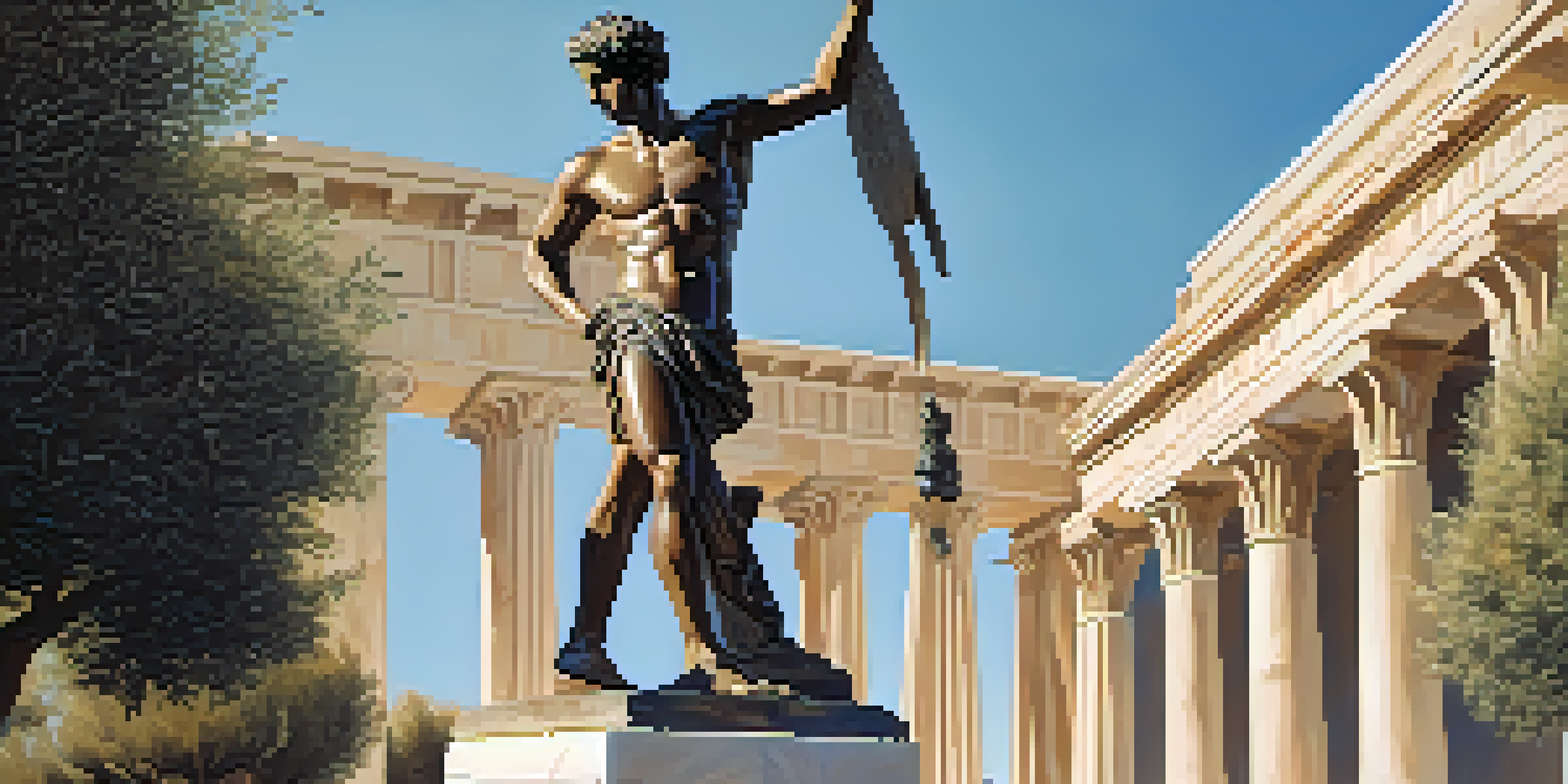 A marble statue of an ancient Greek athlete in a victorious pose, set in a serene landscape with olive trees and a blue sky.