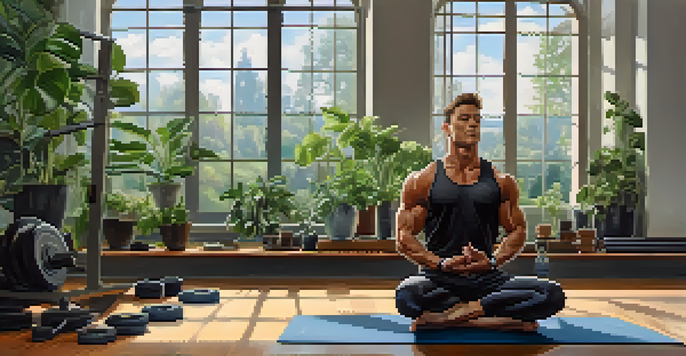 A bodybuilder meditating peacefully in a gym filled with natural light and greenery.