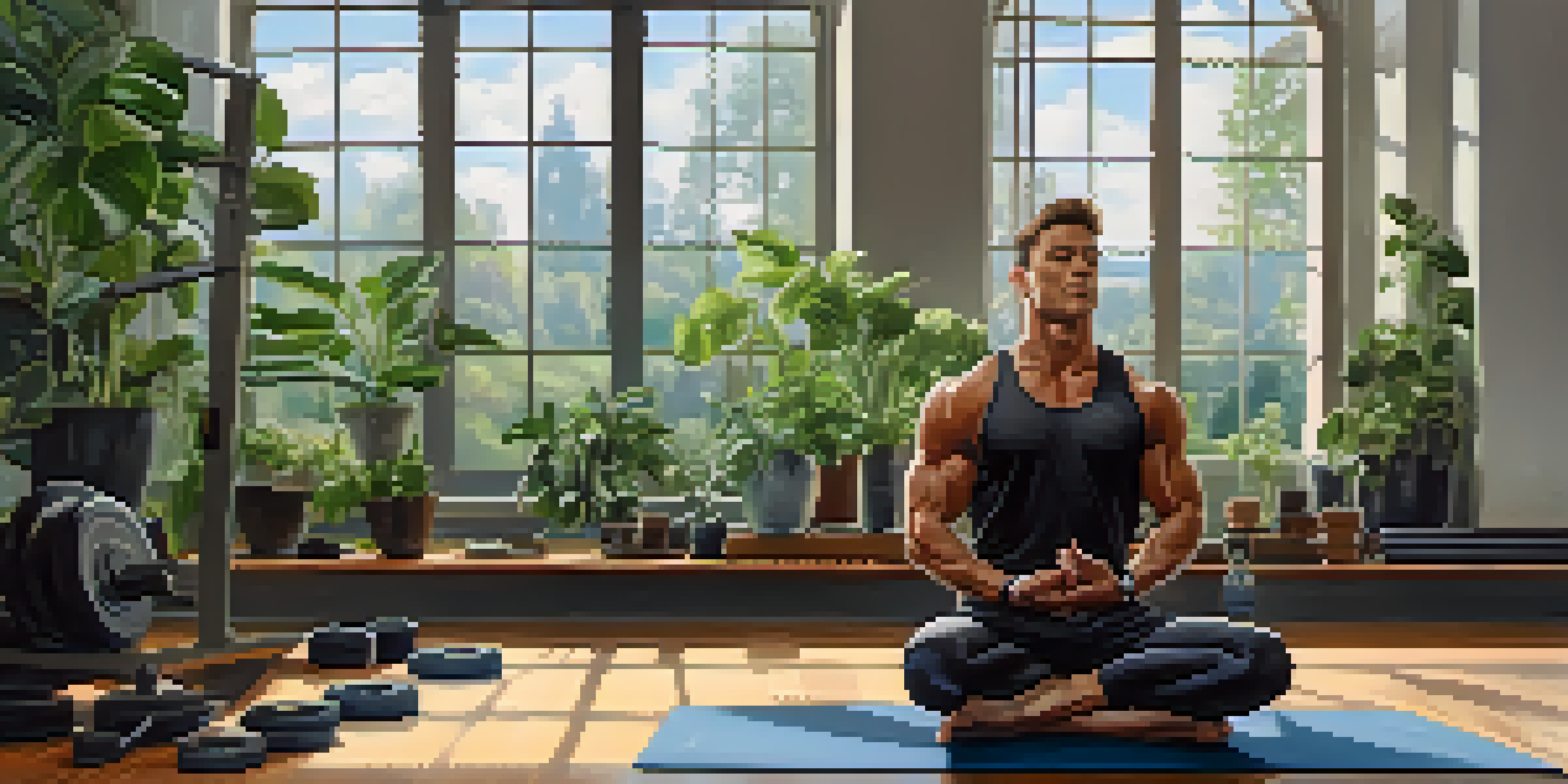 A bodybuilder meditating peacefully in a gym filled with natural light and greenery.