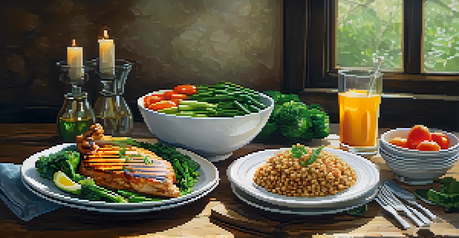 A nutritious meal for muscle recovery featuring lean proteins, complex carbs, and vegetables, displayed on a wooden table.