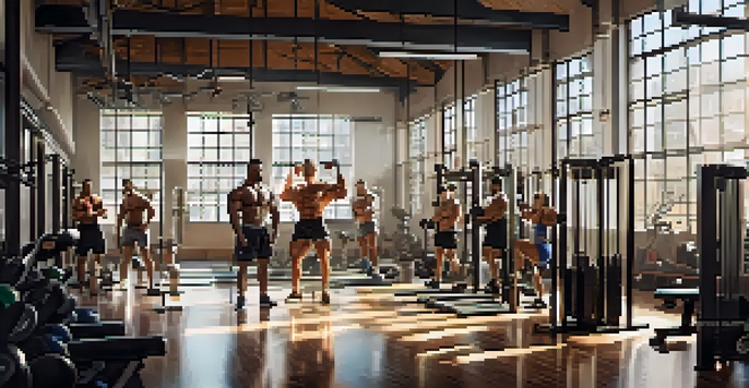 A diverse group of bodybuilders encourages each other in a well-lit gym filled with motivational posters and workout equipment.