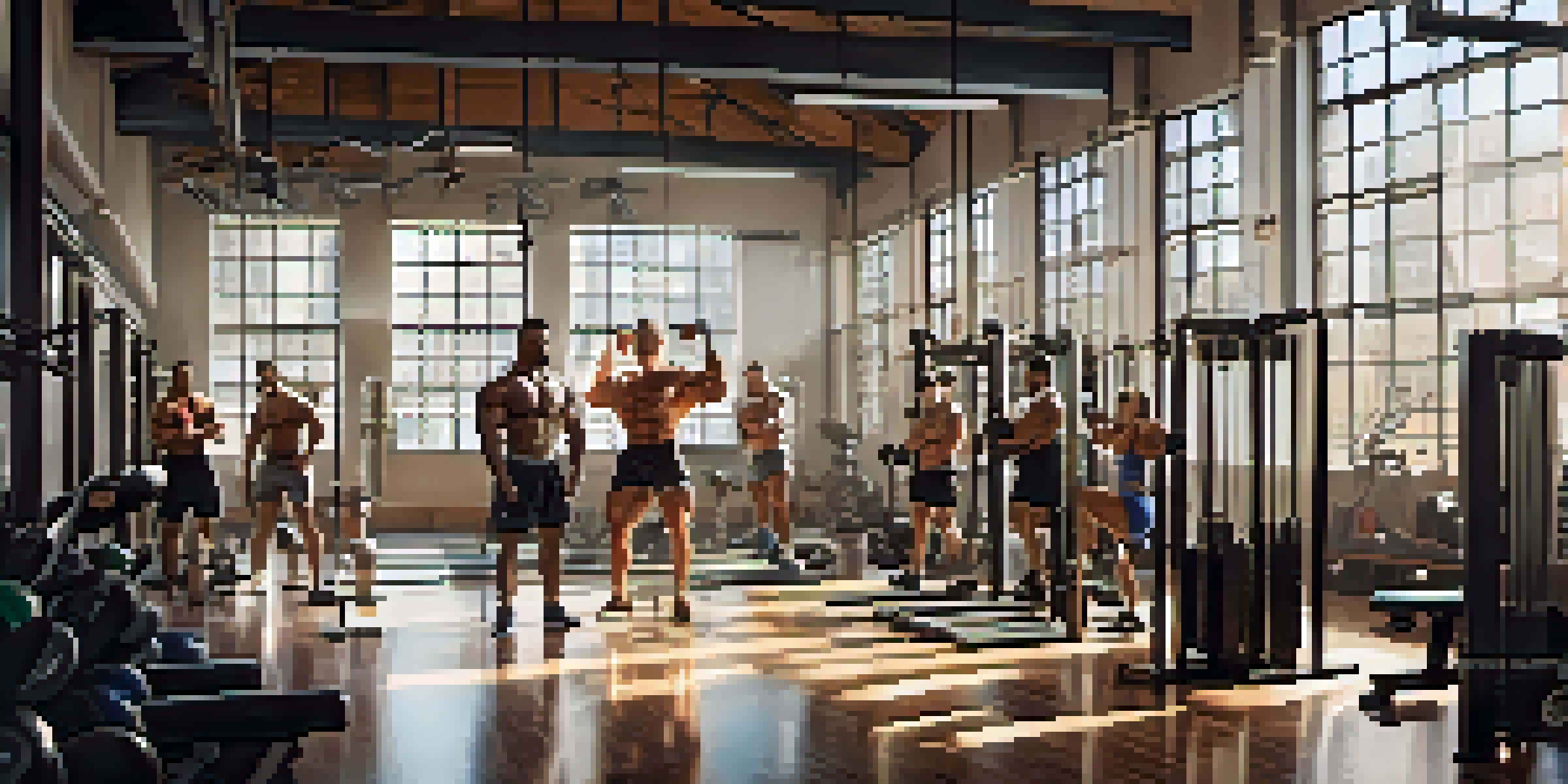 A diverse group of bodybuilders encourages each other in a well-lit gym filled with motivational posters and workout equipment.