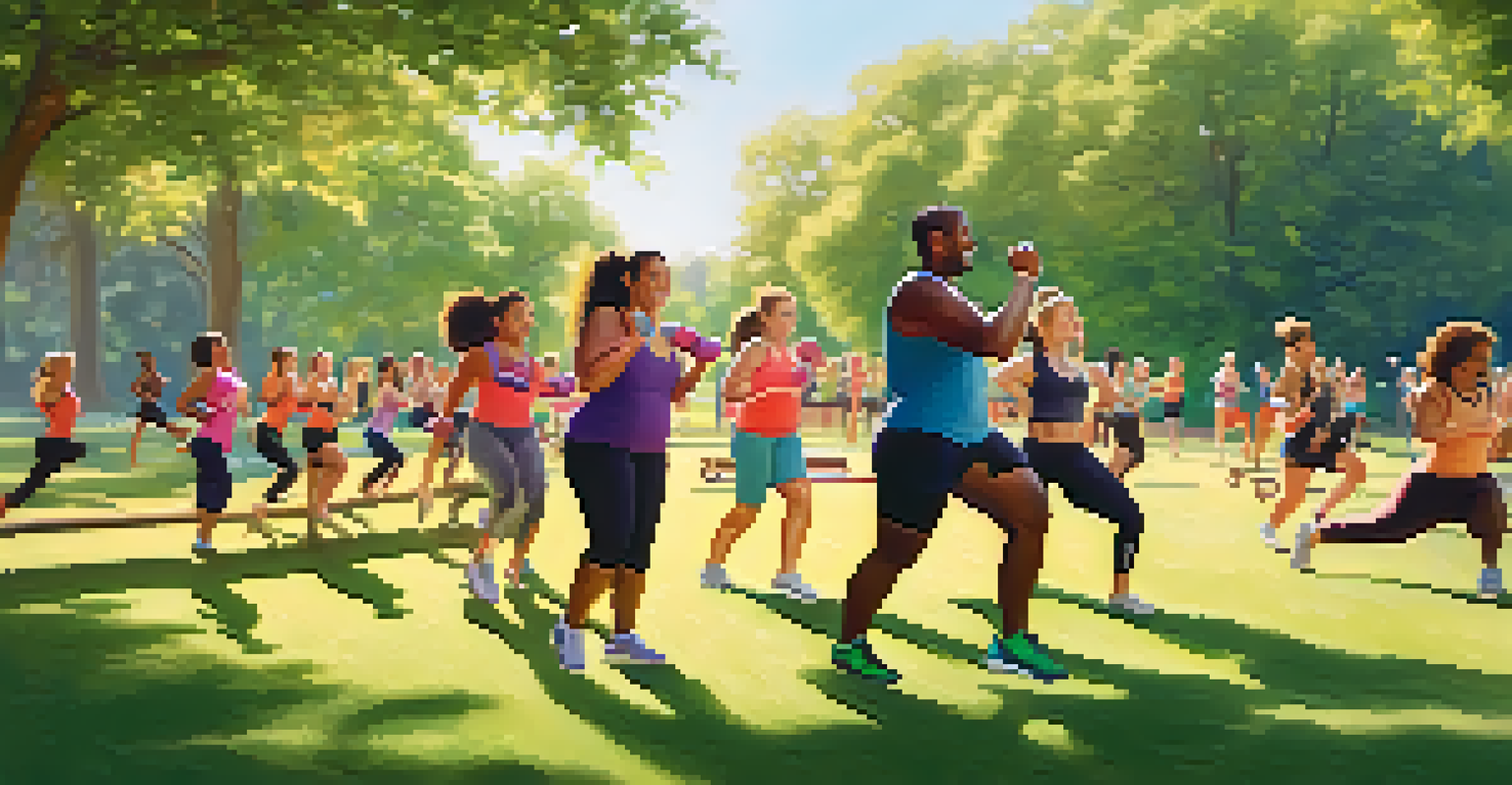 A diverse group of individuals participating in a fitness class in a park, led by an enthusiastic instructor, showcasing community and support.