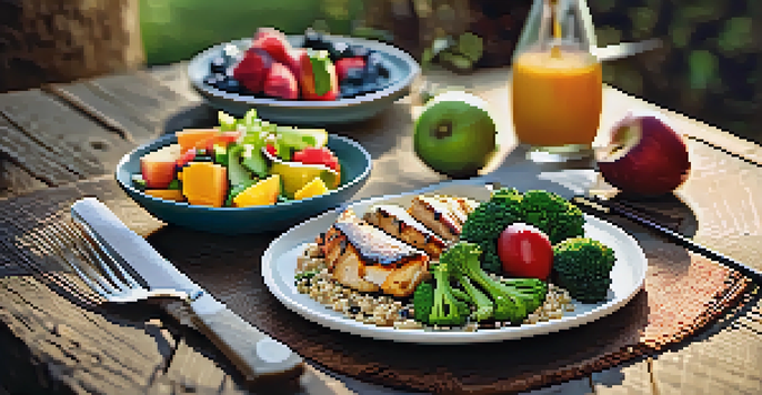A colorful gluten-free meal with grilled chicken, quinoa, broccoli, and fruit on a rustic wooden table illuminated by natural light.