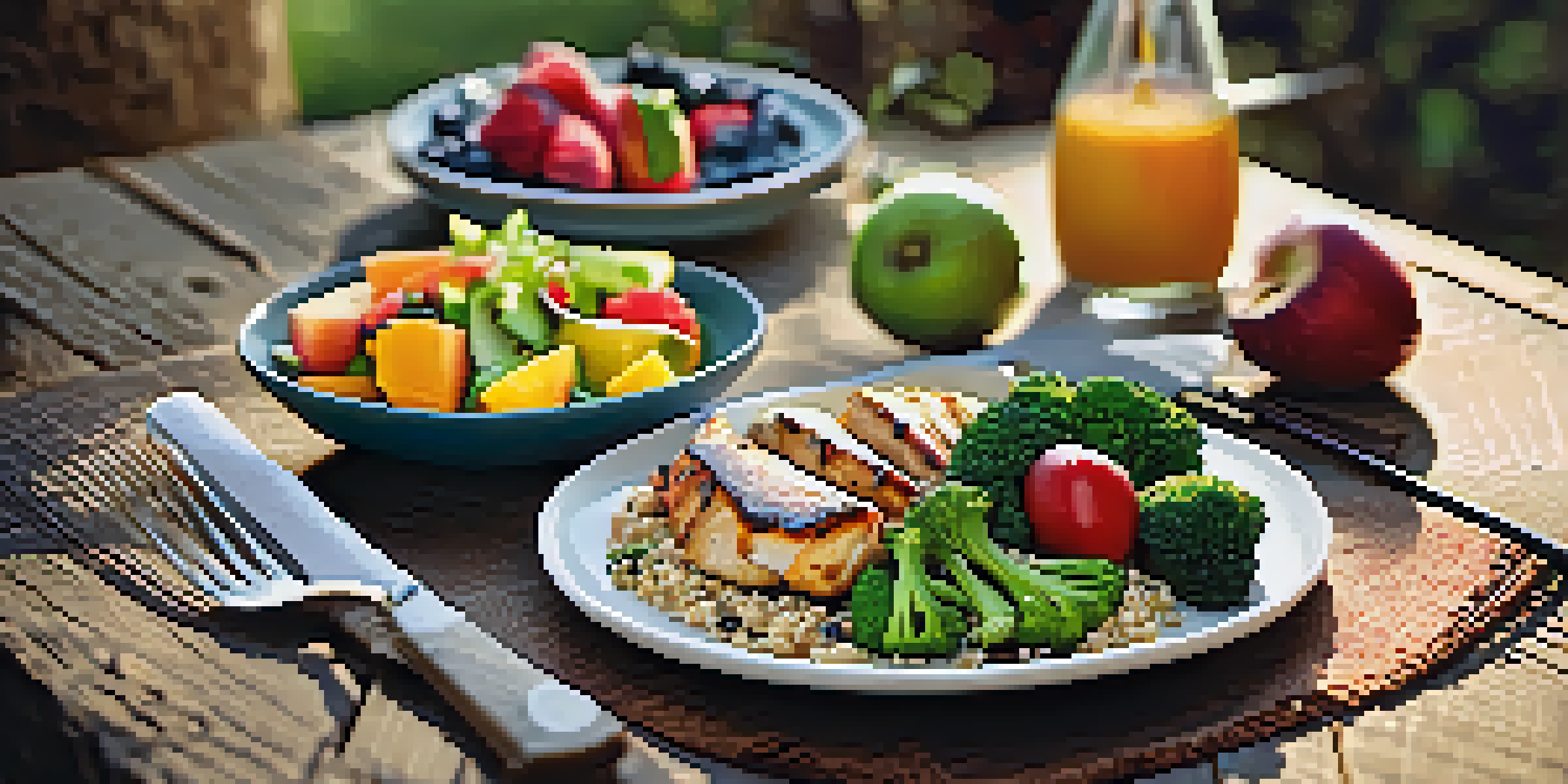 A colorful gluten-free meal with grilled chicken, quinoa, broccoli, and fruit on a rustic wooden table illuminated by natural light.