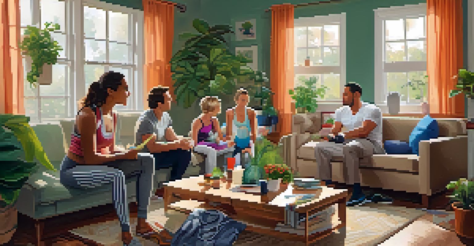 A family sitting together in a living room, planning their workout schedule with colorful workout gear around them.