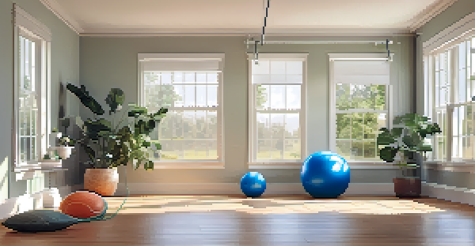 A bright home workout space with minimal equipment including resistance bands, dumbbells, and a stability ball, illuminated by natural light.
