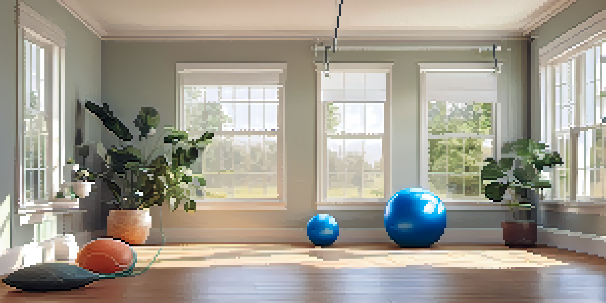 A bright home workout space with minimal equipment including resistance bands, dumbbells, and a stability ball, illuminated by natural light.