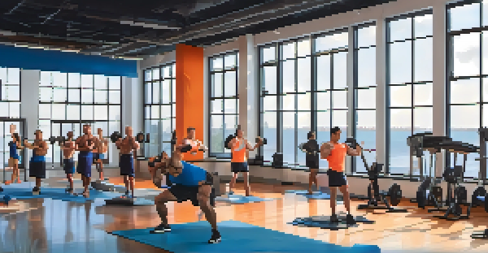 A diverse group of bodybuilders working out in a bright and motivational gym filled with various exercise equipment.