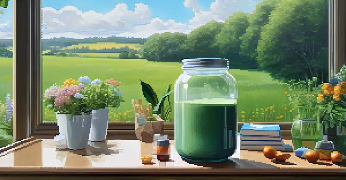 A fitness enthusiast prepares a plant-based protein shake in a natural setting with eco-friendly packaging around them.