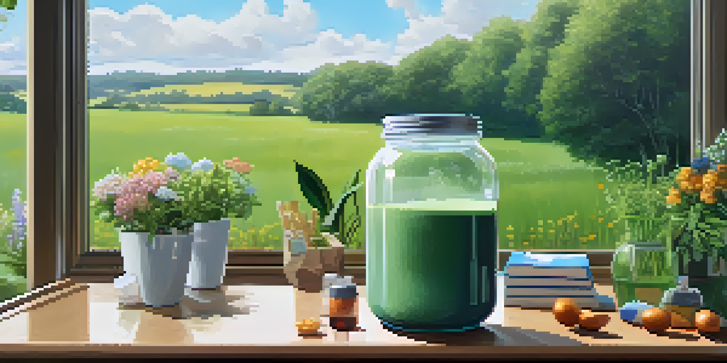 A fitness enthusiast prepares a plant-based protein shake in a natural setting with eco-friendly packaging around them.