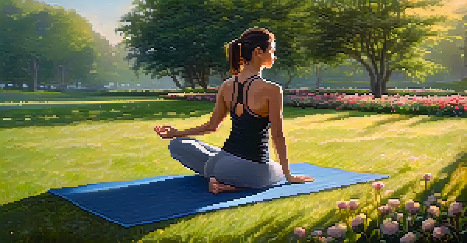 A person practicing yoga in a peaceful park at sunrise, surrounded by green grass and blooming flowers, with the sun casting a golden light.