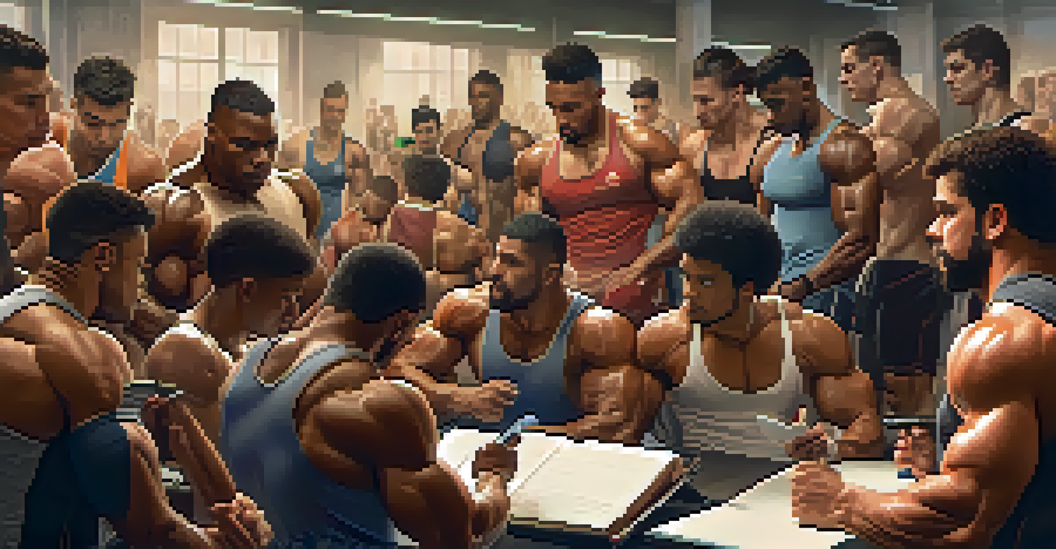 A group of diverse athletes in a training area, preparing for a natural bodybuilding competition and supporting each other with discussions and warm-ups.