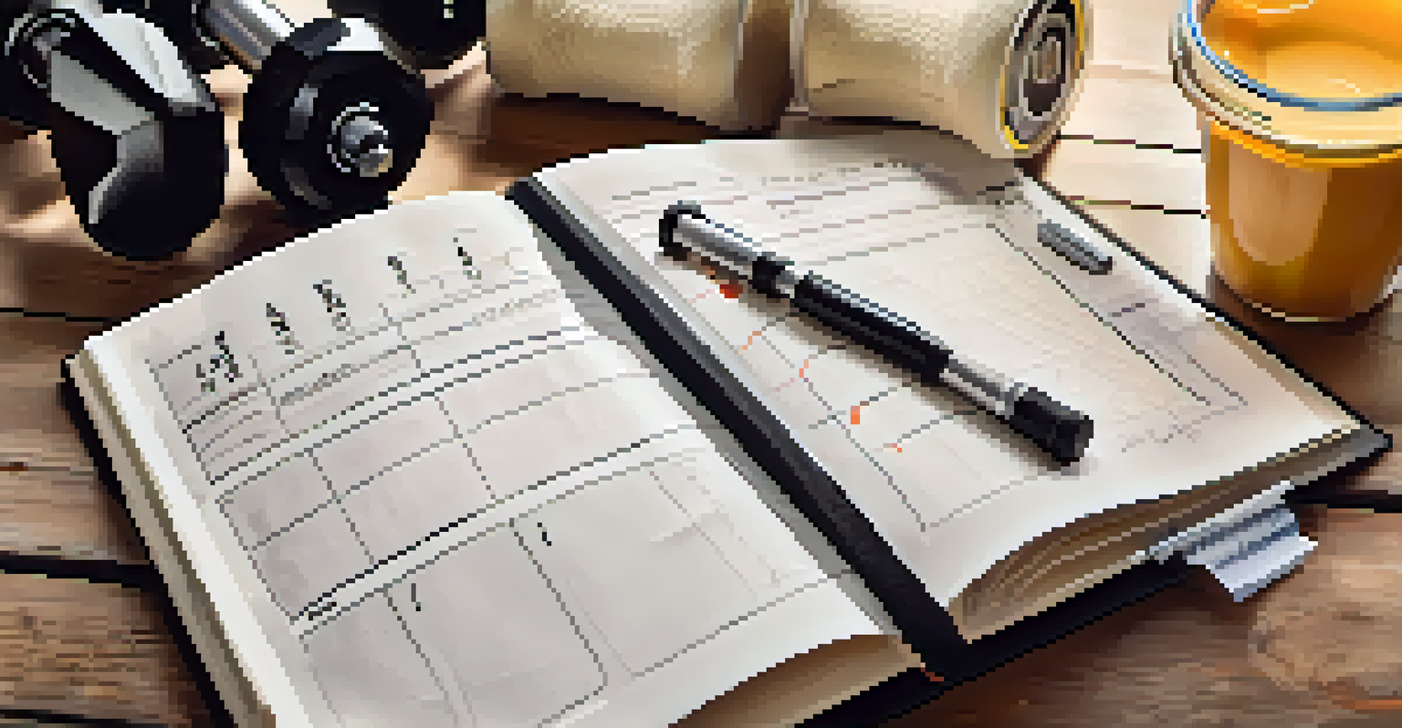 A close-up of an open training journal on a table with workout notes, a protein shake, and dumbbells.