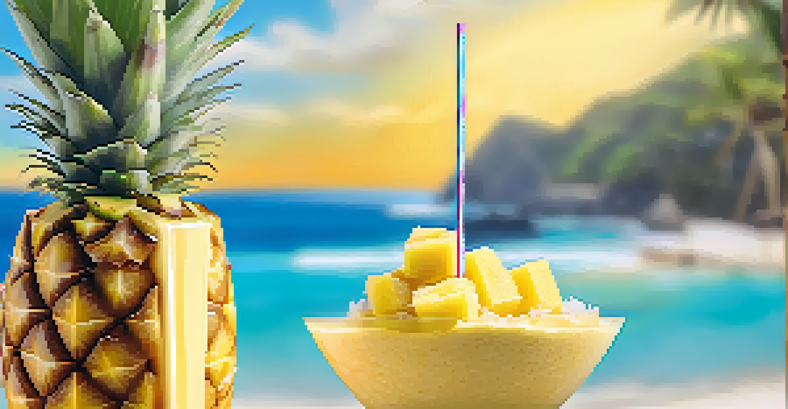 A Tropical Recharge Smoothie in a coconut shell, surrounded by beach scenery, with a slice of pineapple and a colorful straw.
