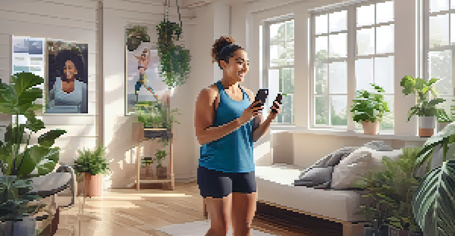 An influencer smiling while sharing their fitness journey in a home gym, holding a smartphone.