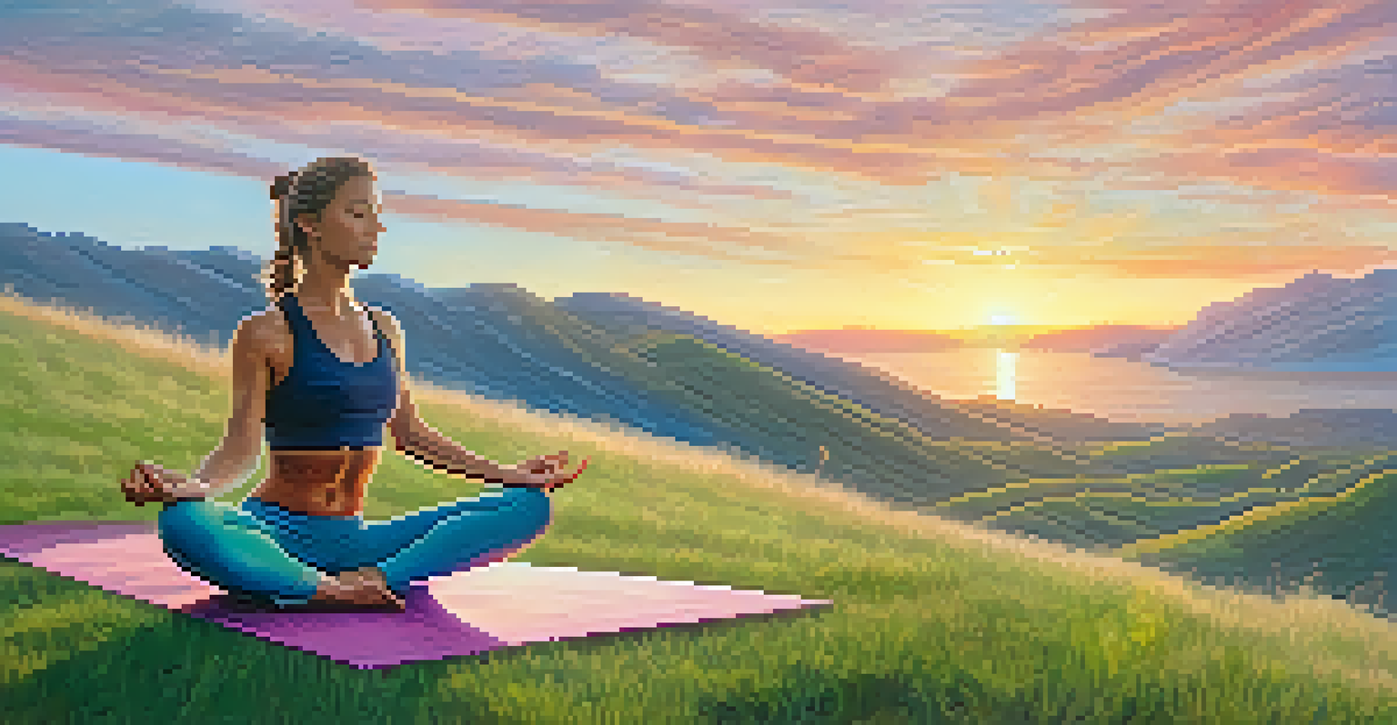 A person doing yoga on a hill at sunrise, with a smoothie bottle placed on a nearby yoga mat.