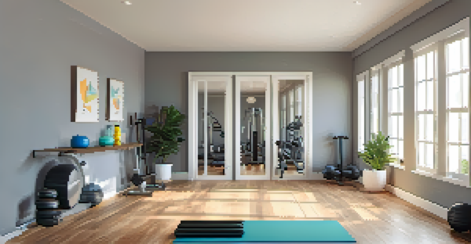 An inviting home gym with yoga mats, weights, and motivational wall art, filled with warm sunlight, showcasing a personal fitness space.