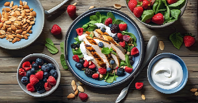 A colorful arrangement of high-protein foods such as grilled chicken, Greek yogurt with berries, a bean salad, and almonds on a wooden table, illuminated by natural light.