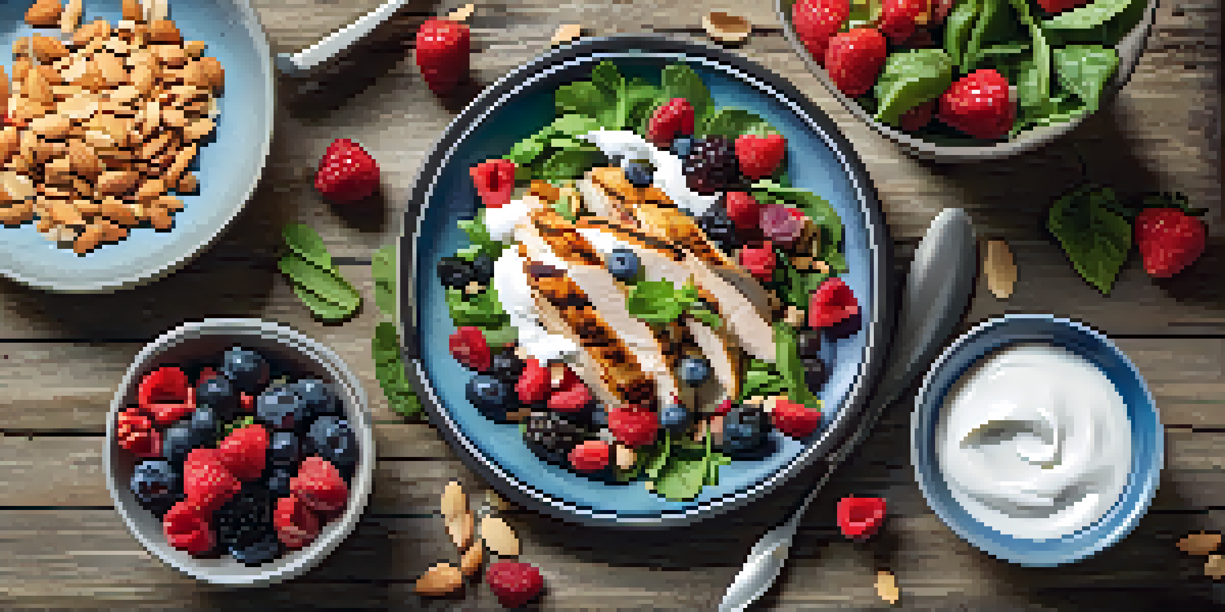 A colorful arrangement of high-protein foods such as grilled chicken, Greek yogurt with berries, a bean salad, and almonds on a wooden table, illuminated by natural light.