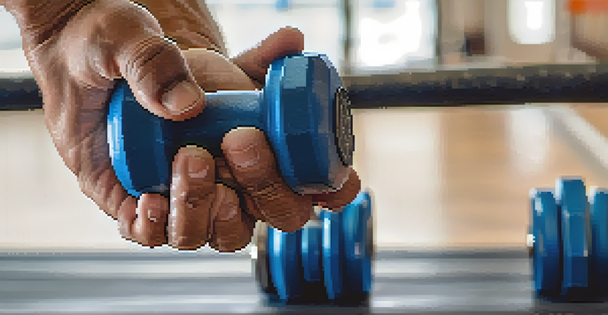 A close-up of hands gripping a dumbbell, highlighting effort and determination with sweat visible.