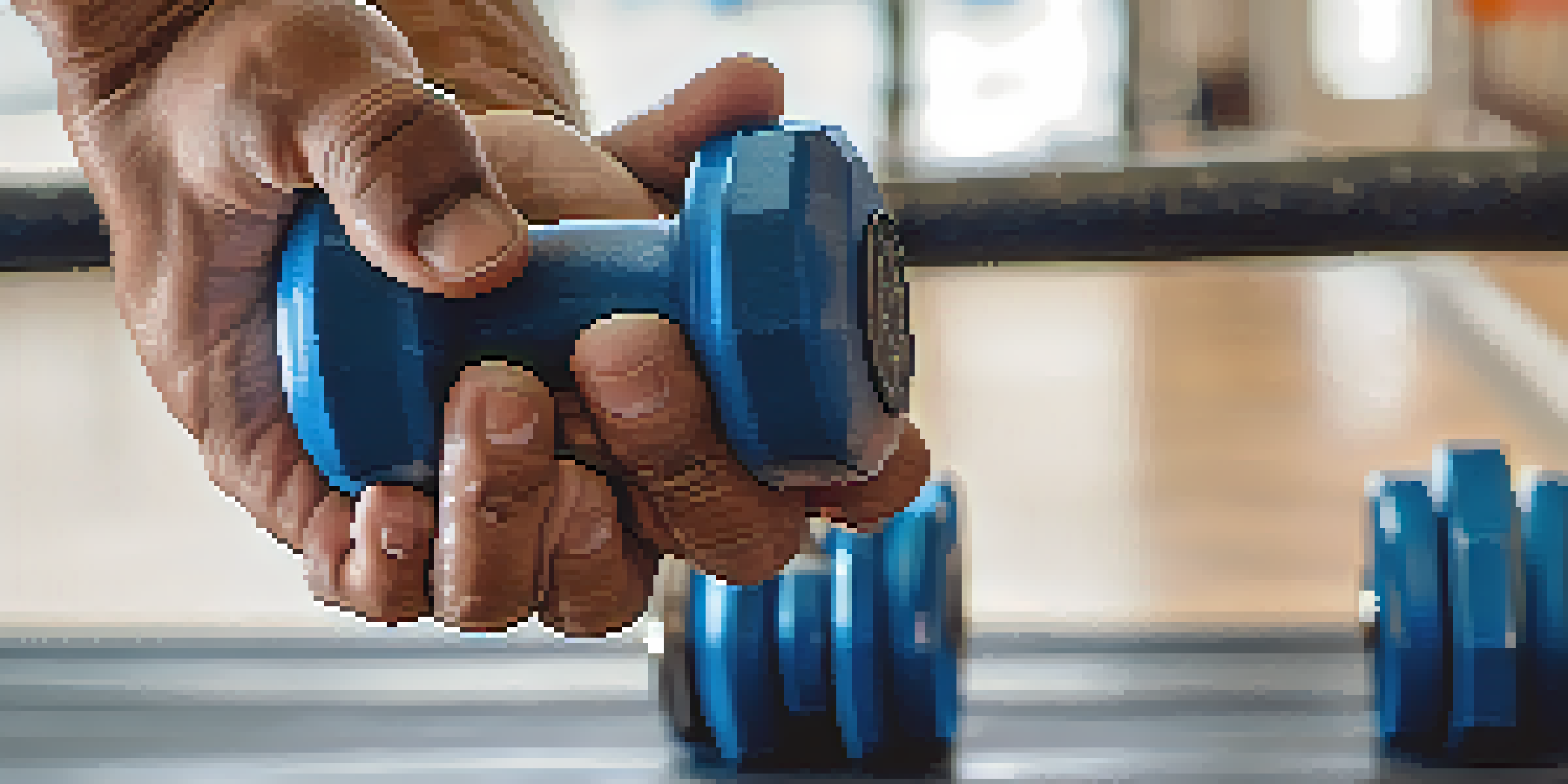 A close-up of hands gripping a dumbbell, highlighting effort and determination with sweat visible.