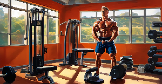 A bodybuilder lifting weights in a bright and inviting gym, surrounded by motivational posters and gym equipment.