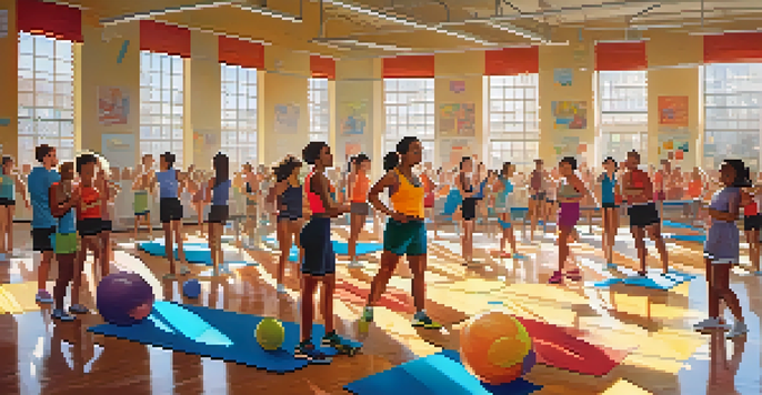 Students in a gym participating in a fitness workshop led by a bodybuilder, with colorful gym equipment and sunlight streaming through the windows.
