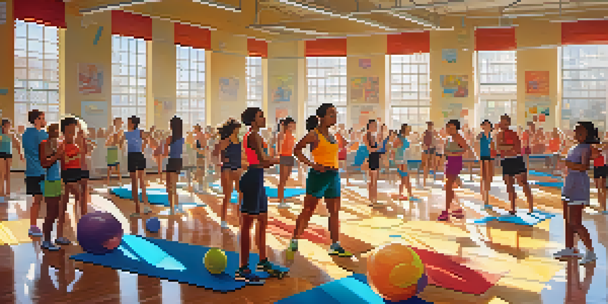 Students in a gym participating in a fitness workshop led by a bodybuilder, with colorful gym equipment and sunlight streaming through the windows.