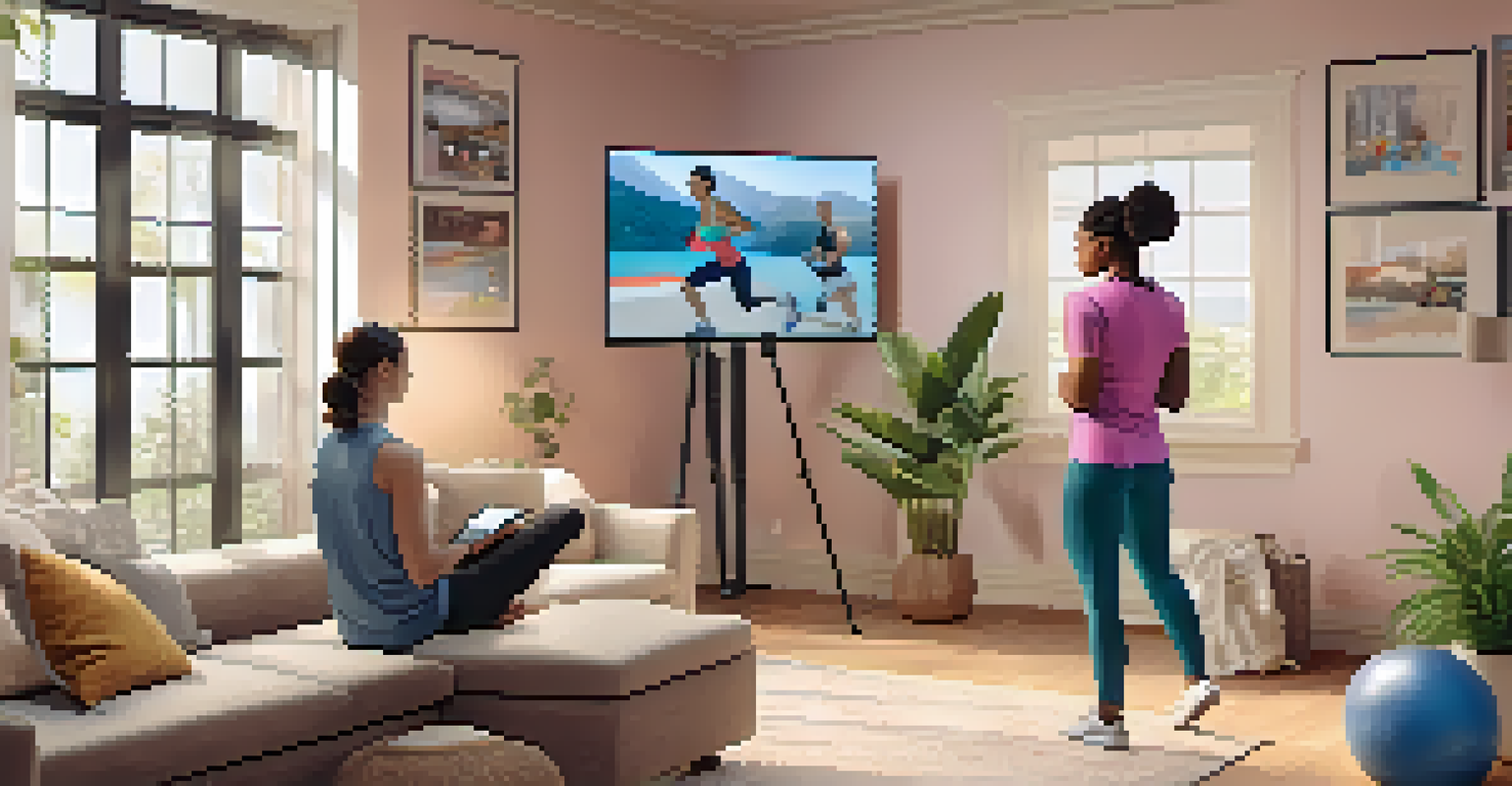 A person following a virtual coaching session on a tablet in a cozy home, with a trainer visible on the screen, surrounded by fitness posters and plants.