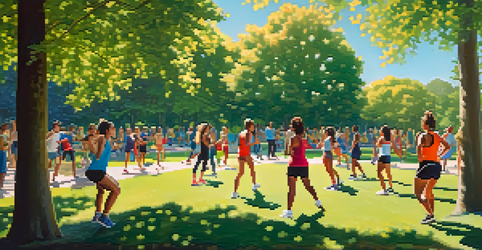 A diverse group of people performing warm-up exercises like leg swings and high knees in a sunny park, surrounded by greenery.