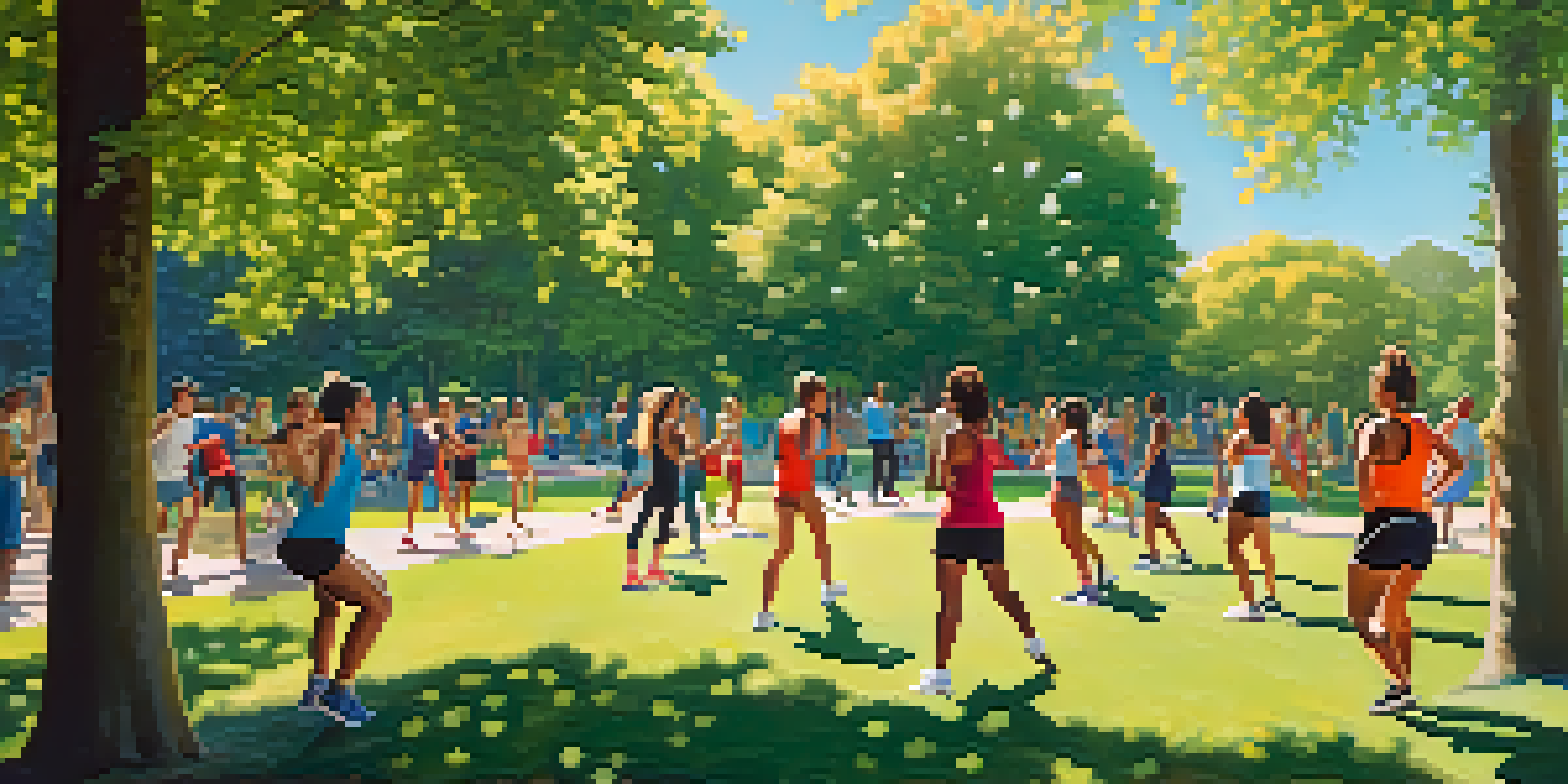 A diverse group of people performing warm-up exercises like leg swings and high knees in a sunny park, surrounded by greenery.