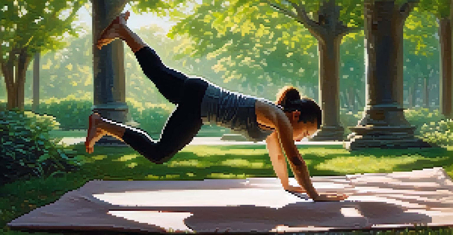 An individual doing push-ups on a mat outdoors surrounded by greenery, with sunlight filtering through the leaves.