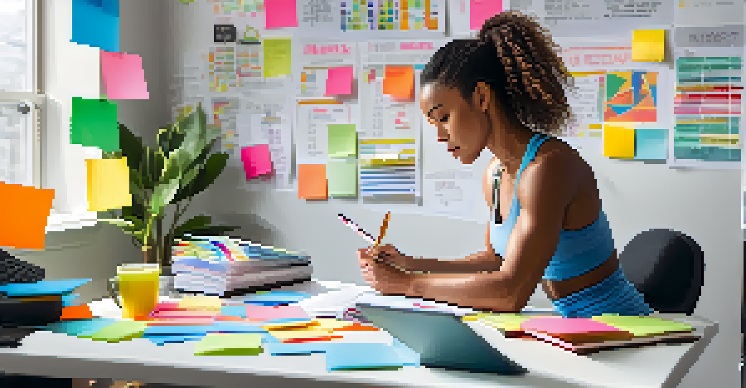 A person writing in a workout journal surrounded by charts and motivational posters.