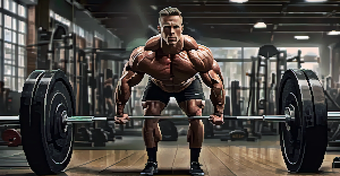 A bodybuilder lifting a heavy barbell in a gym, demonstrating proper deadlift form with visible muscles and determination.