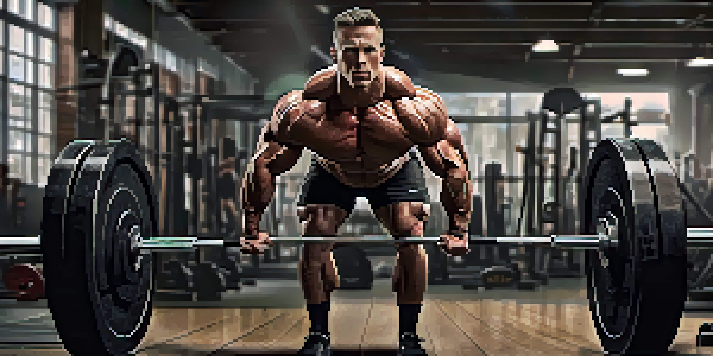 A bodybuilder lifting a heavy barbell in a gym, demonstrating proper deadlift form with visible muscles and determination.