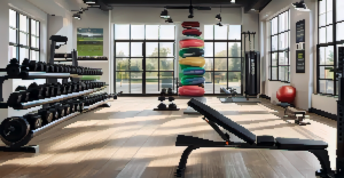 A bright and organized gym with dumbbells, resistance bands, and a sturdy bench, showcasing essential strength training gear for beginners.