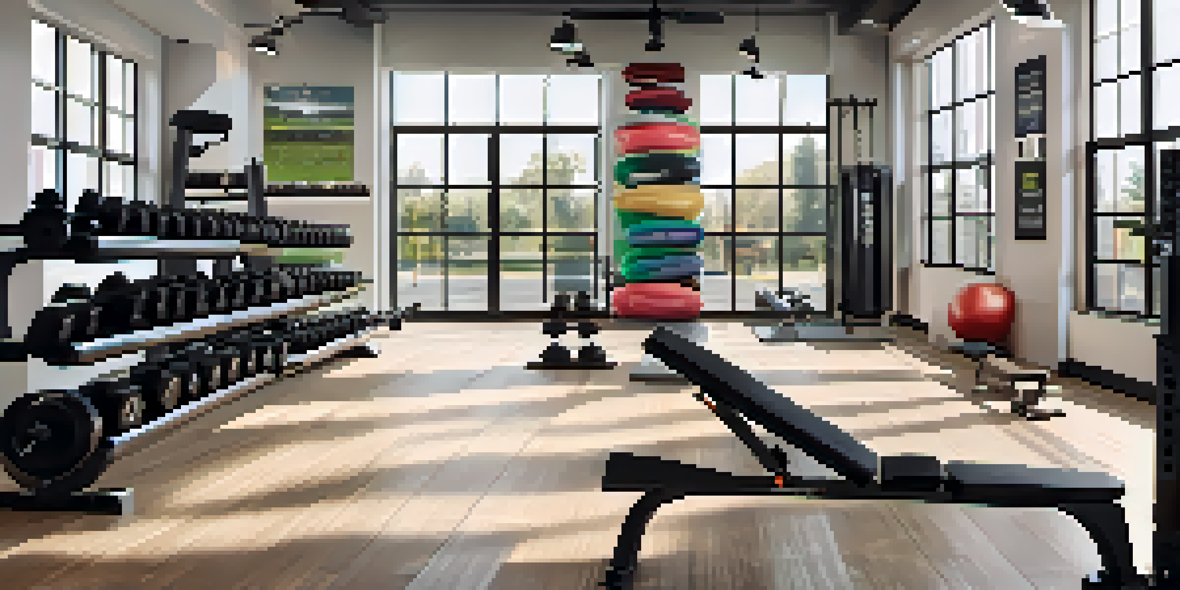 A bright and organized gym with dumbbells, resistance bands, and a sturdy bench, showcasing essential strength training gear for beginners.