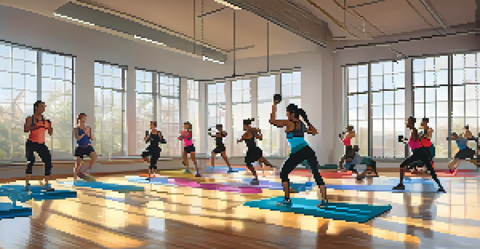 A group of people participating in a lively workout class in a bright studio with large windows.