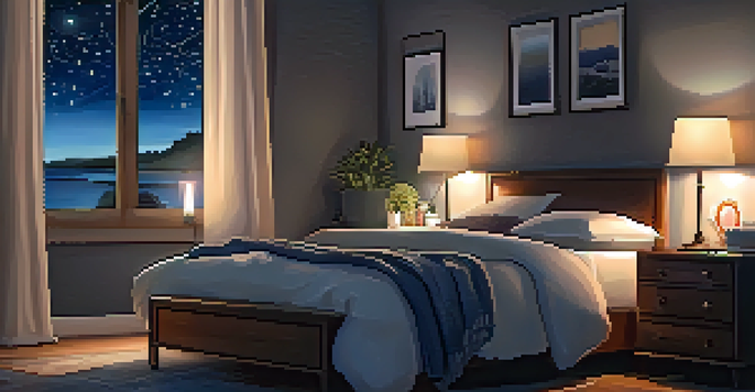 A cozy bedroom at night with a bed, warm lighting, and a starry sky visible through the window.